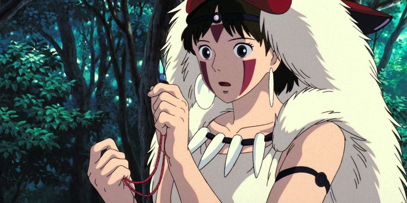 San admires Ashitaka's crystal dagger in Studio Ghibli's Princess Mononoke anime