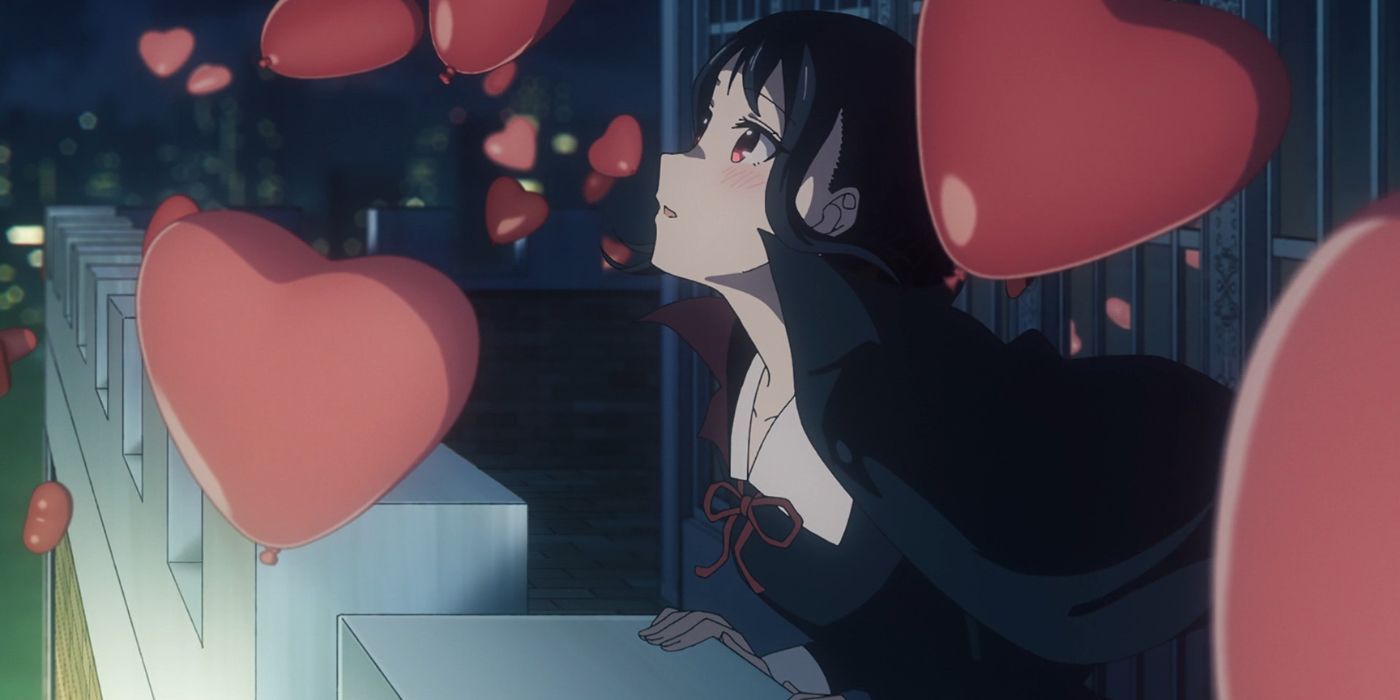 Kaguya Shinomiya looking up at a brilliant display of heart balloons from Kaguya-Sama: Love Is War.