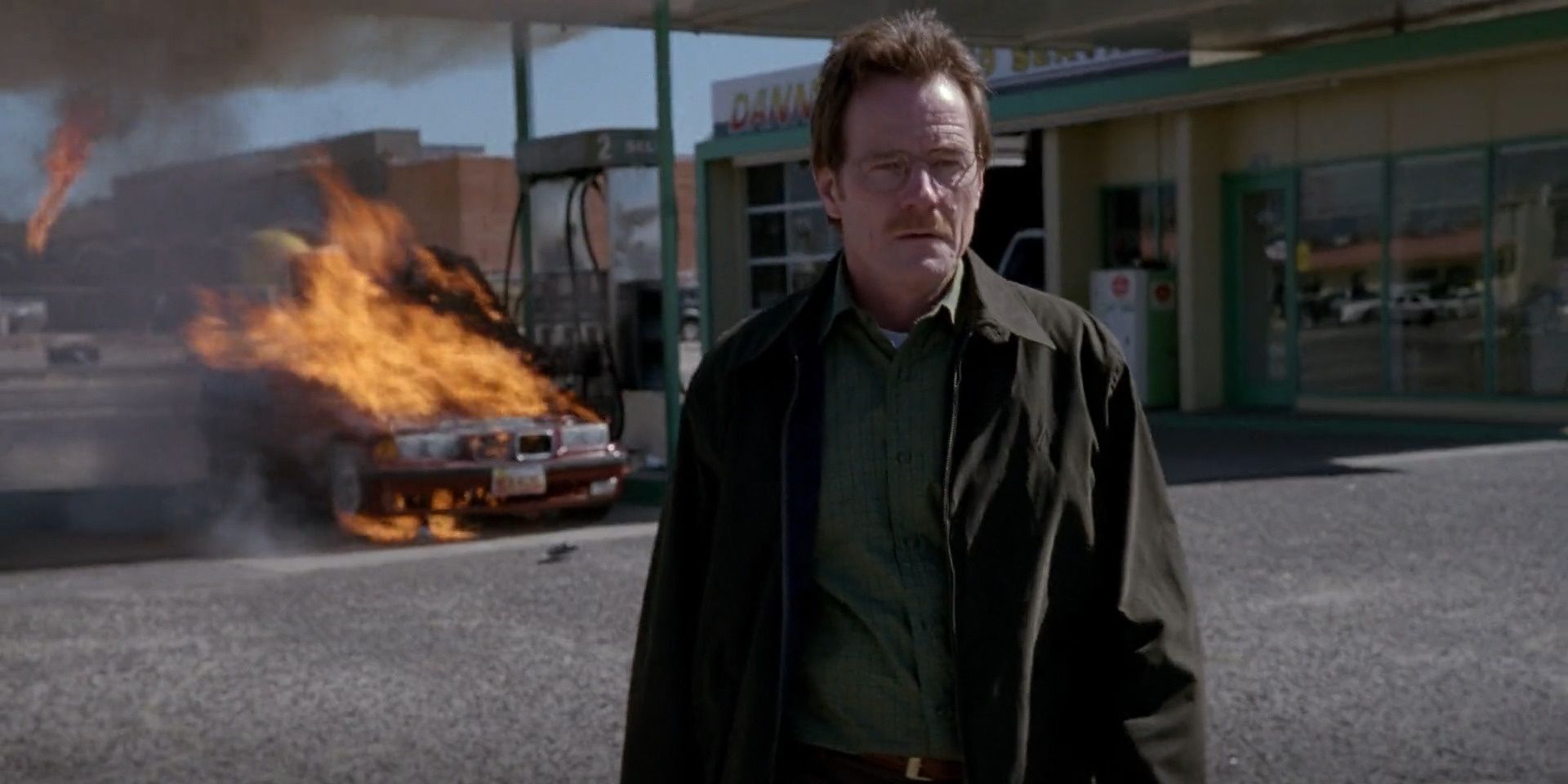 Walt walking away from Ken's car after he causes it to blow up in Breaking Bad