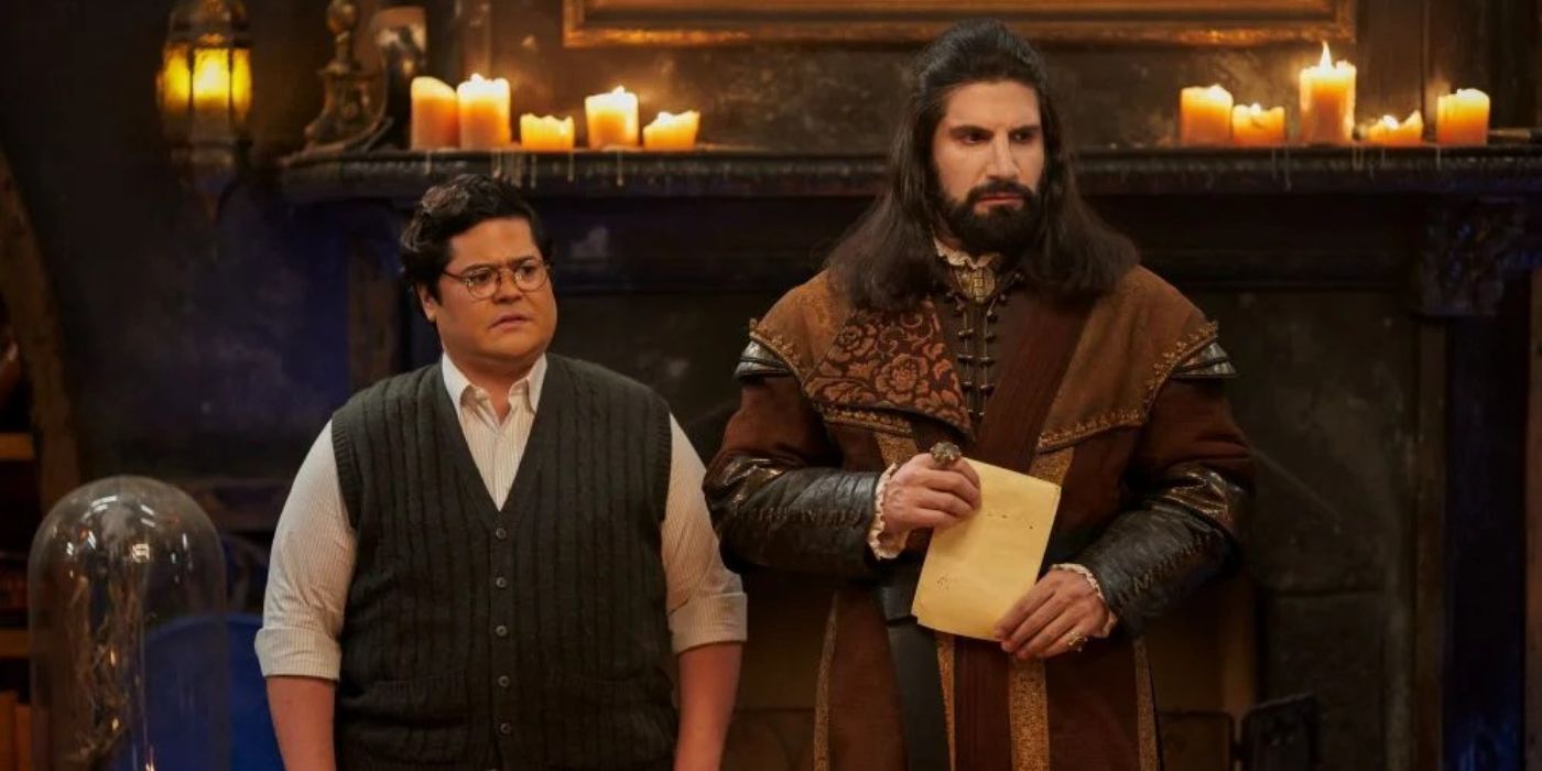 Kayvan Novak as Nandor the Relentless and Harvey Guillén as Guillermo de la Cruz from What We Do in the Shadows