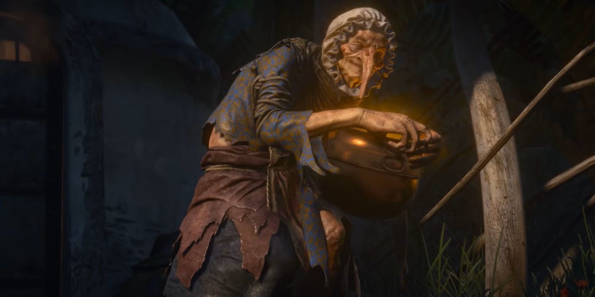 The Wicked Witch looks at the camera during a cutscene in the Witcher 3.