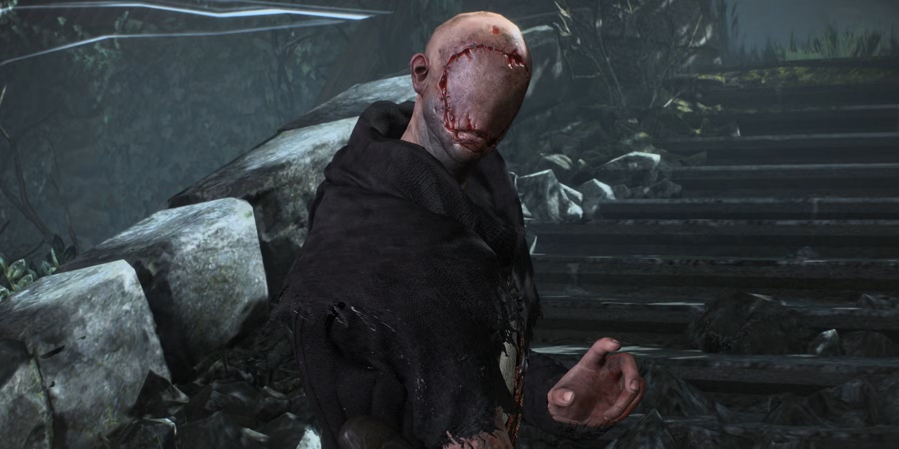 The grotesque, featureless face of the Caretaker looks at the camera in The Witcher 3.