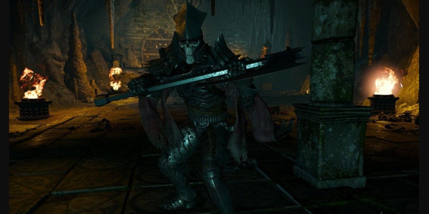 Nithral bears his sword at Geralt in The Witcher 3.