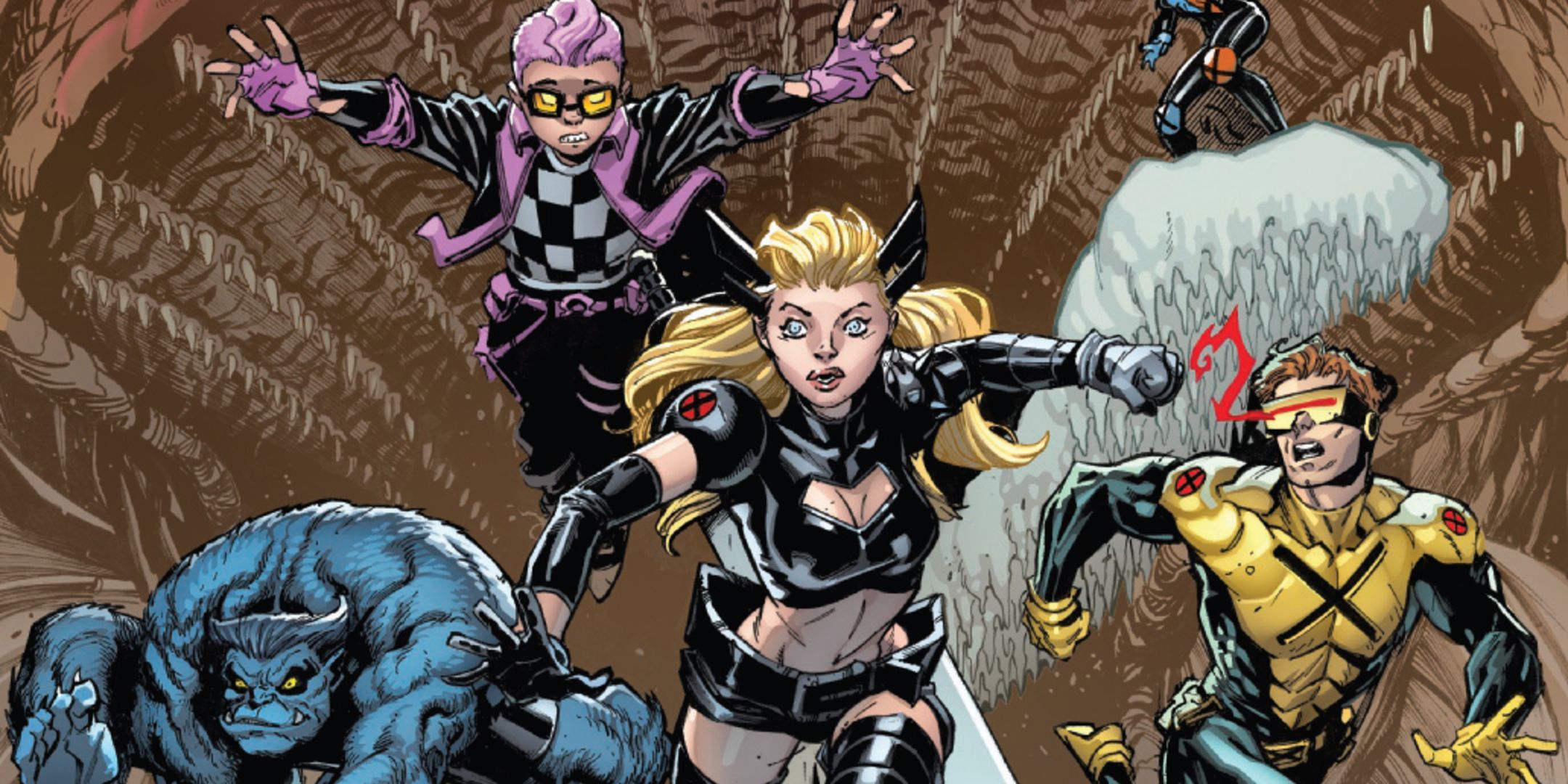 Cyclops, Magik, and the other X-Men run away from danger