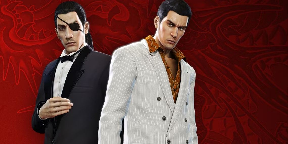 Dois caracteres de Yakuza 0 contra um fundo vermelho