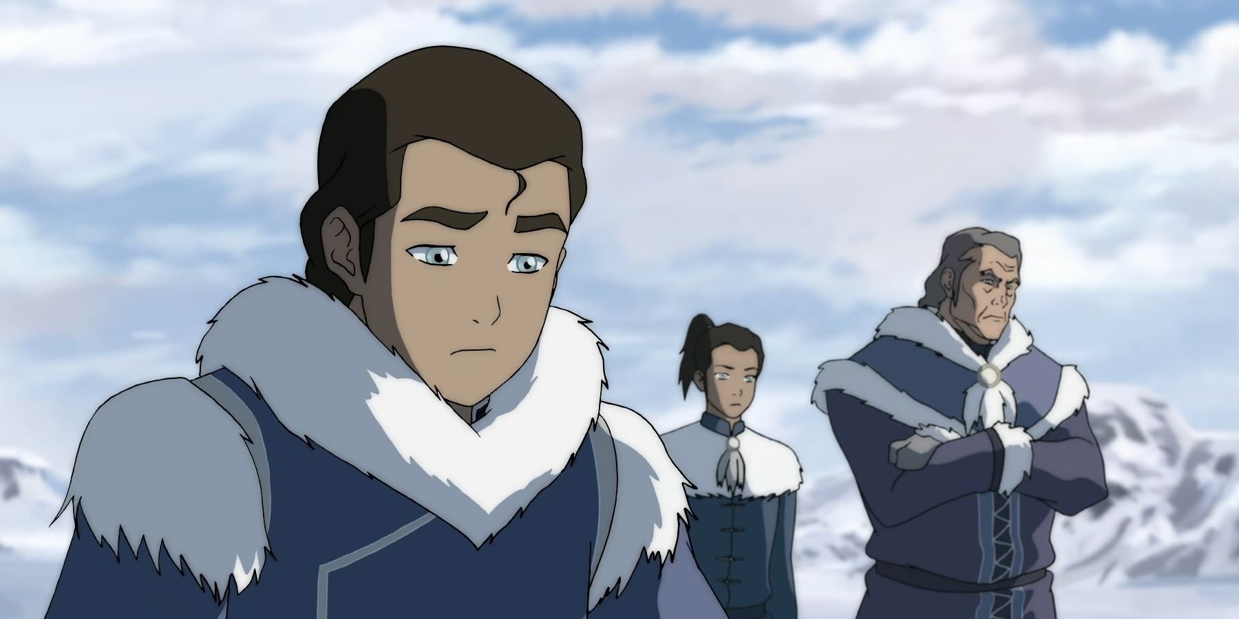 Um jovem Tarrlok olha para baixo, enquanto Noatak e Yakone estão próximos da lenda do anime Korra.