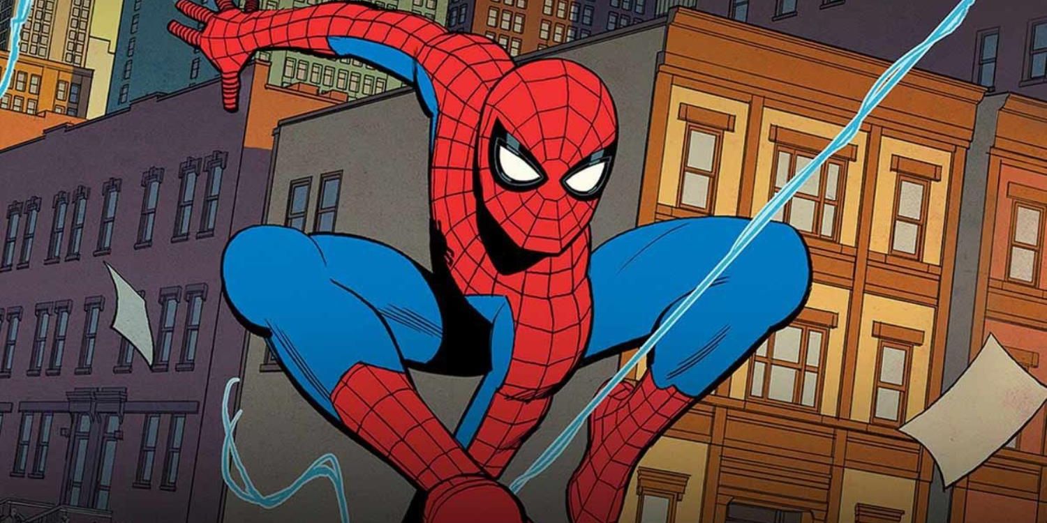 O Homem-Aranha balançando em Nova York em seu terno clássico em seu amigável Homem-Aranha do bairro.