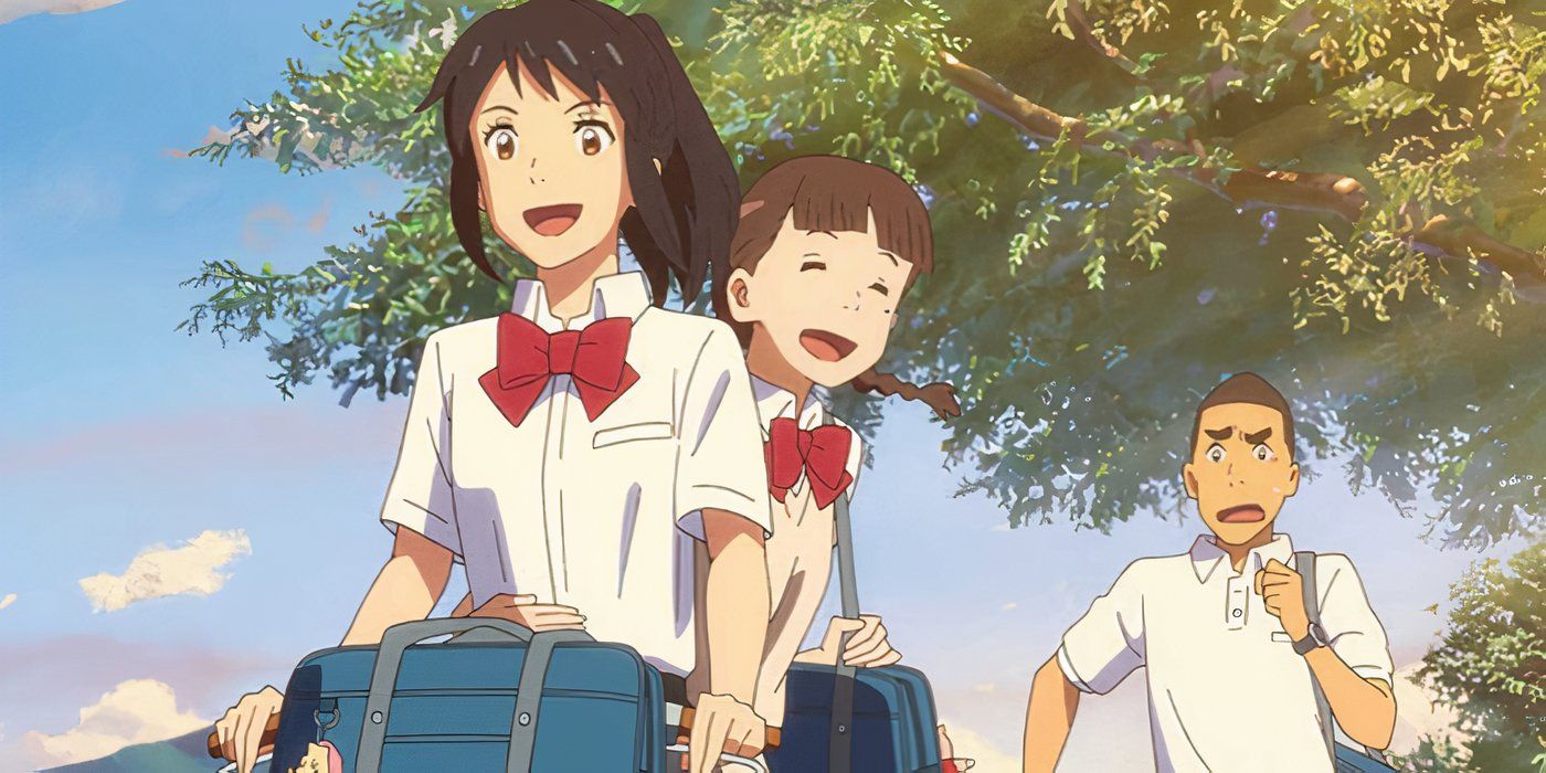 Taki hangs out with Mitsuha friends while in her body in Your Name.