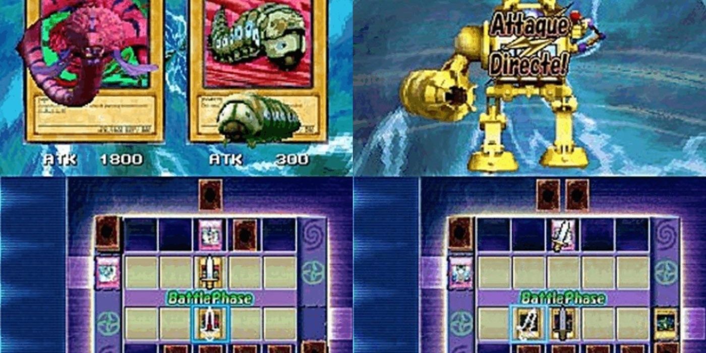 ¡Una imagen dividida de Yu-Gi-Oh! La jugabilidad de la pesadilla trajo con cartas de monstruos en juego.