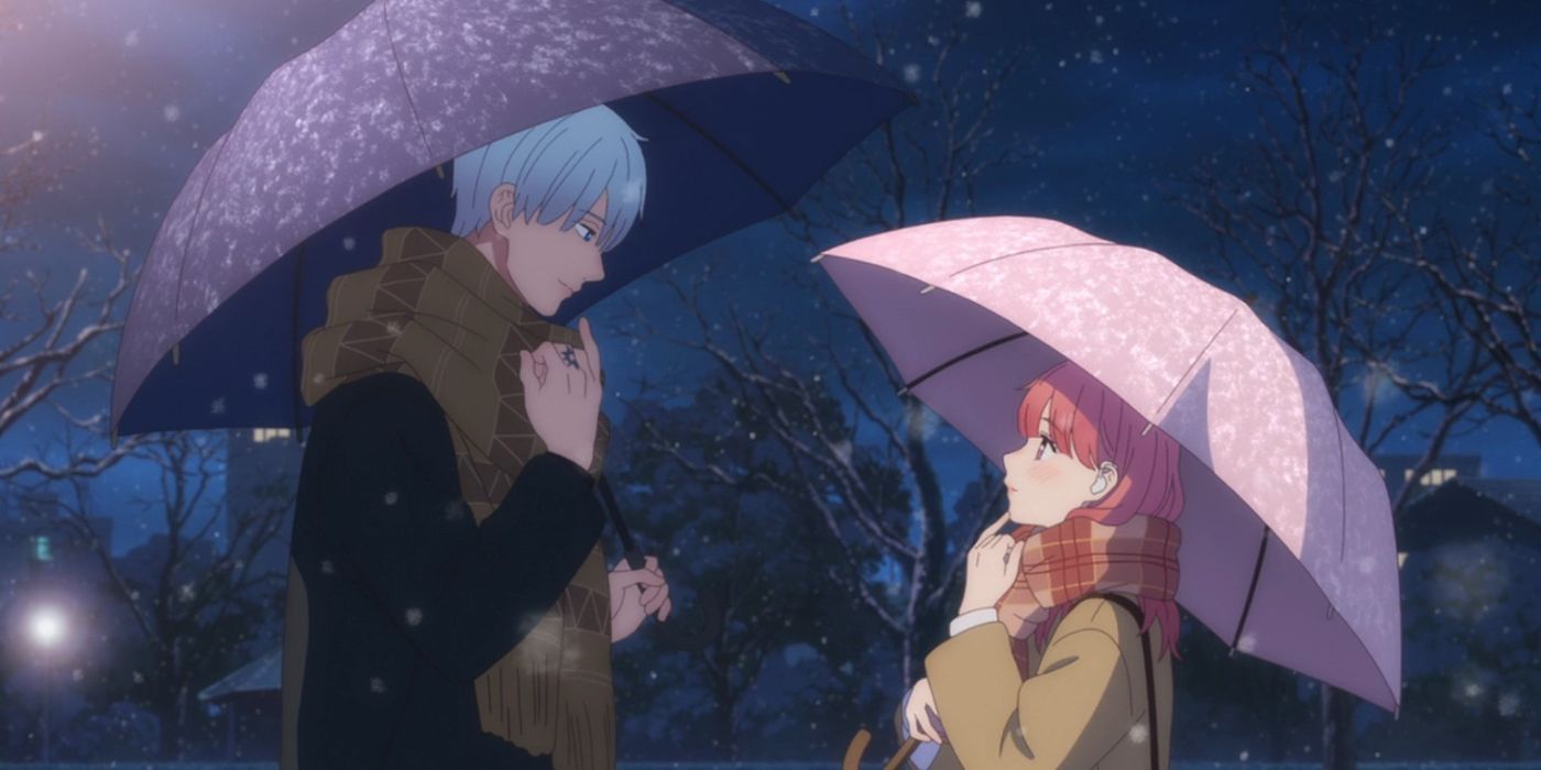 Yuki and Itsuomi are walking home with umbrellas in A Sign of Affection.