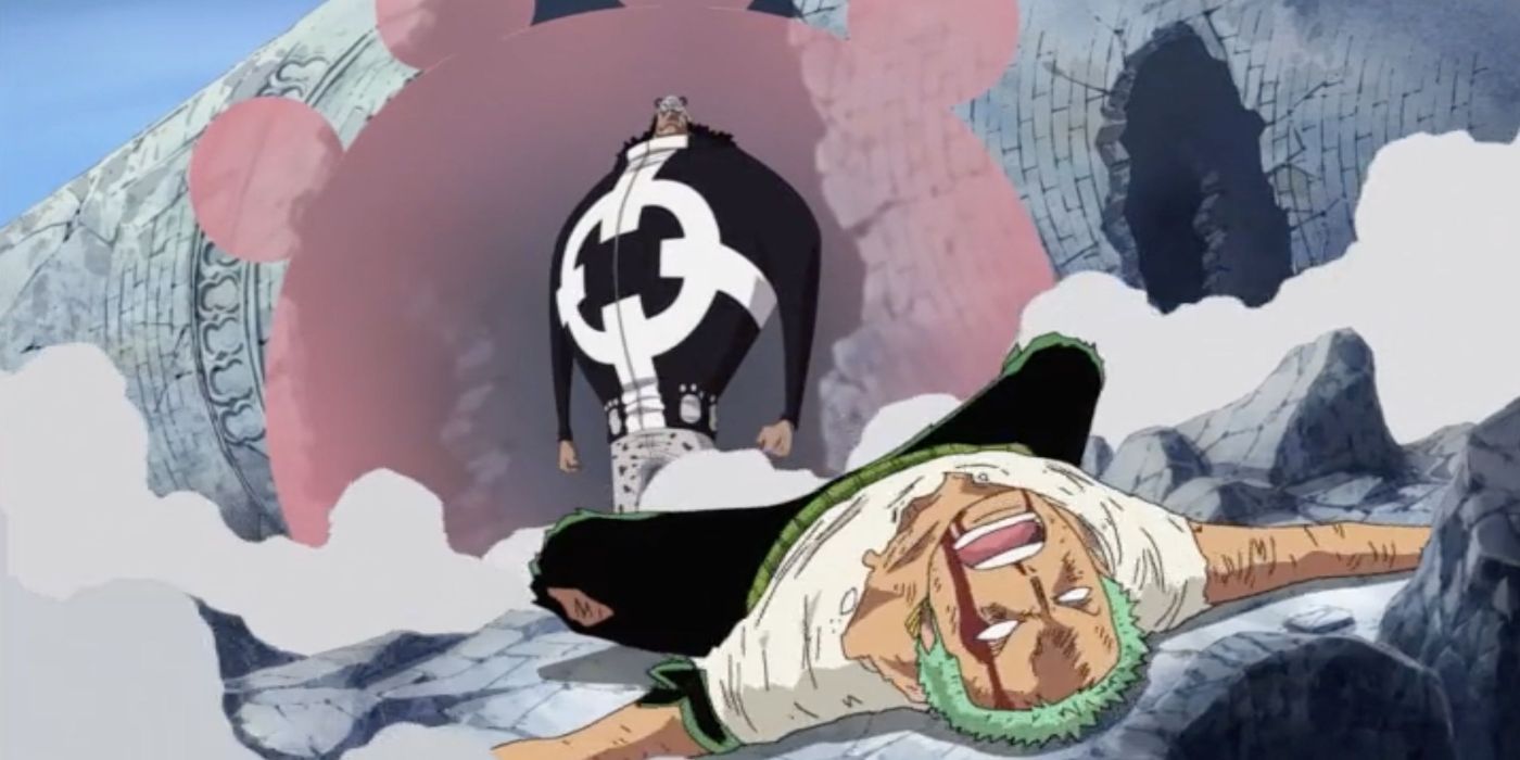 Roronoa Zoro fica no chão sangrando enquanto o Bartholomew Kuma observa depois que Zoro absorveu um pouco da dor de Monkey D. Luffy durante o arco da casca de suspense de uma peça.