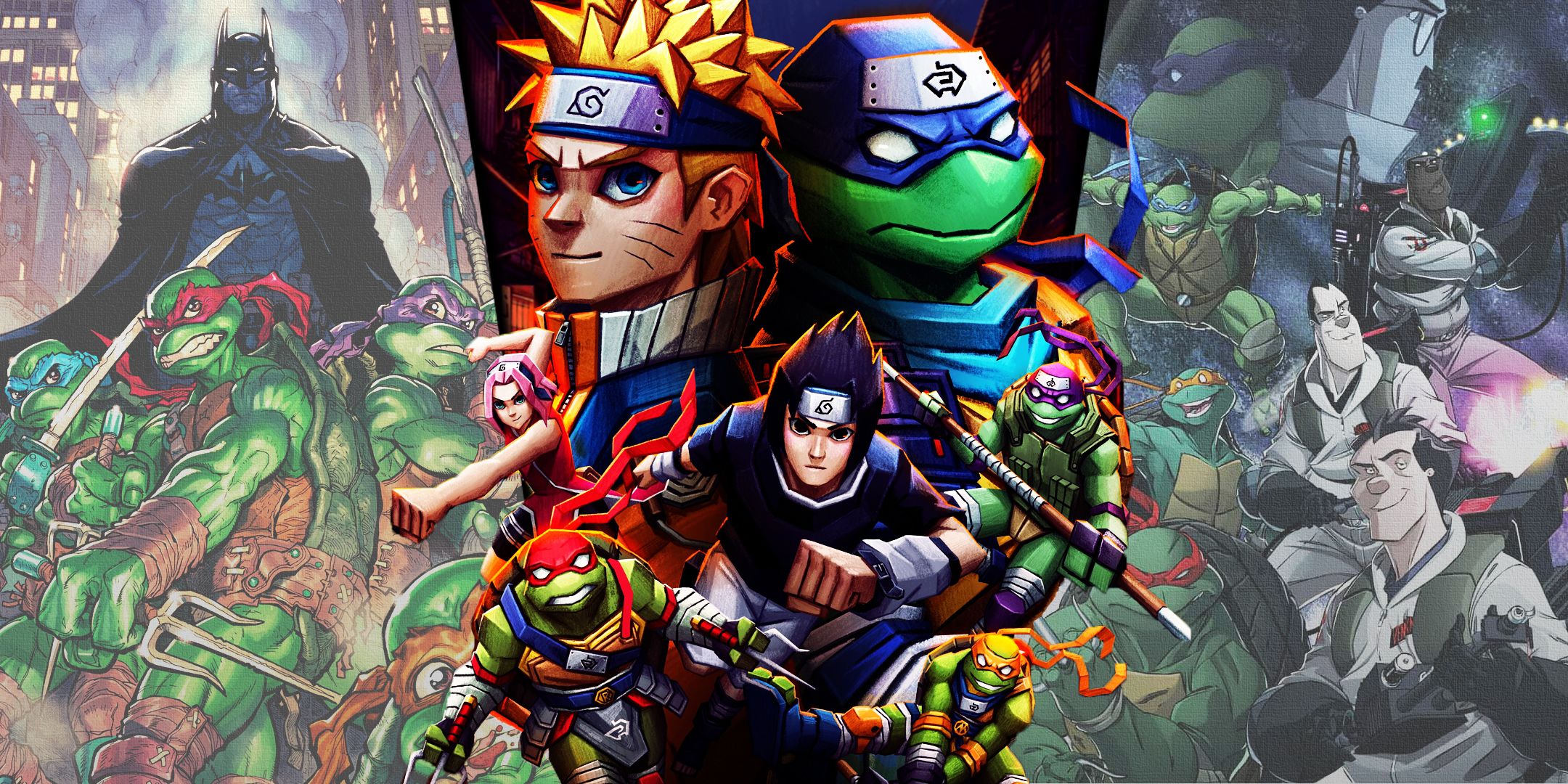 Split image of covers to TMNT x Naruto, TMNT/Batman, and TMNT/Ghostbusters
