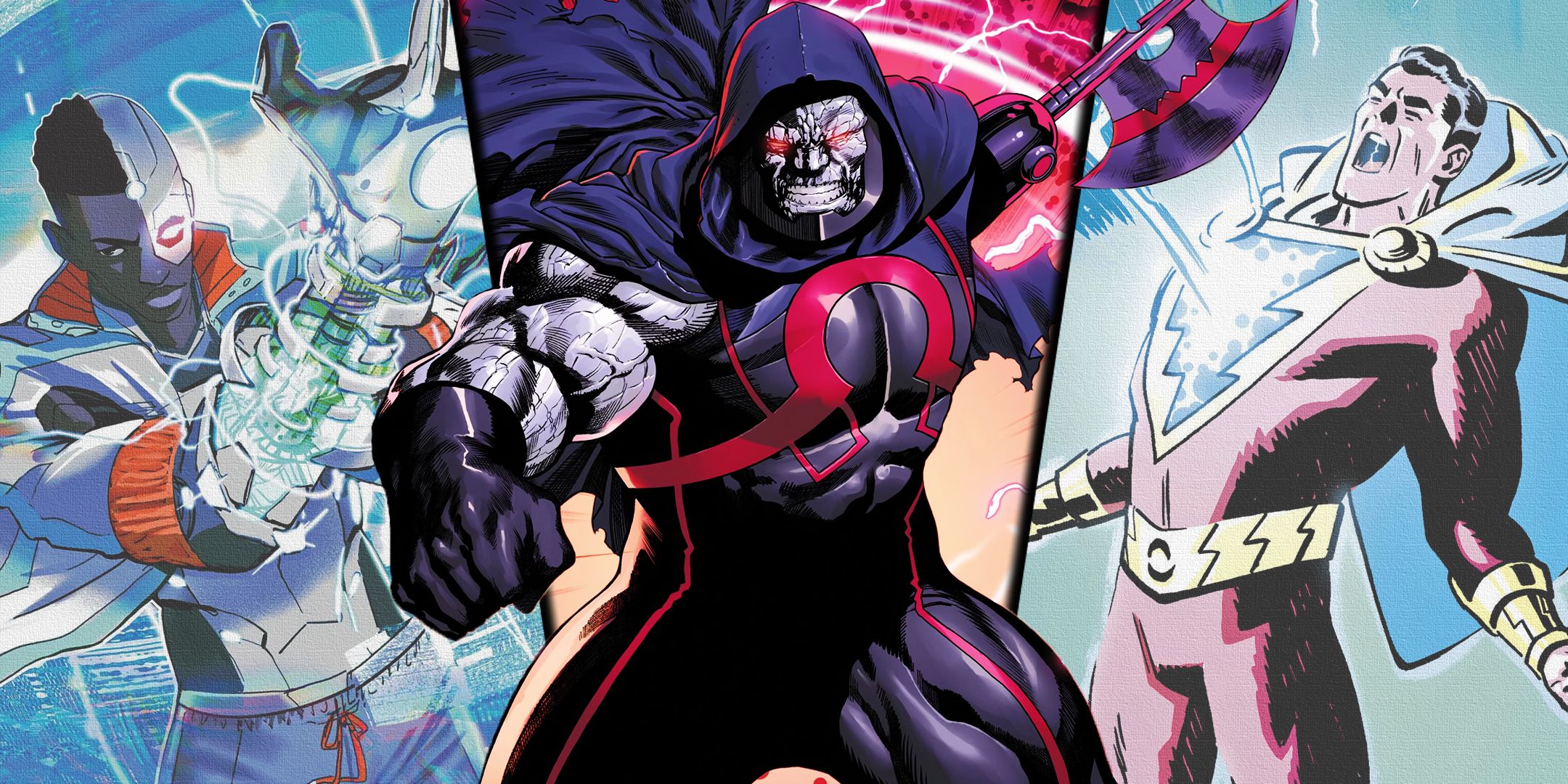 Split image of DC's Darkseid with Cyborg and Shazam