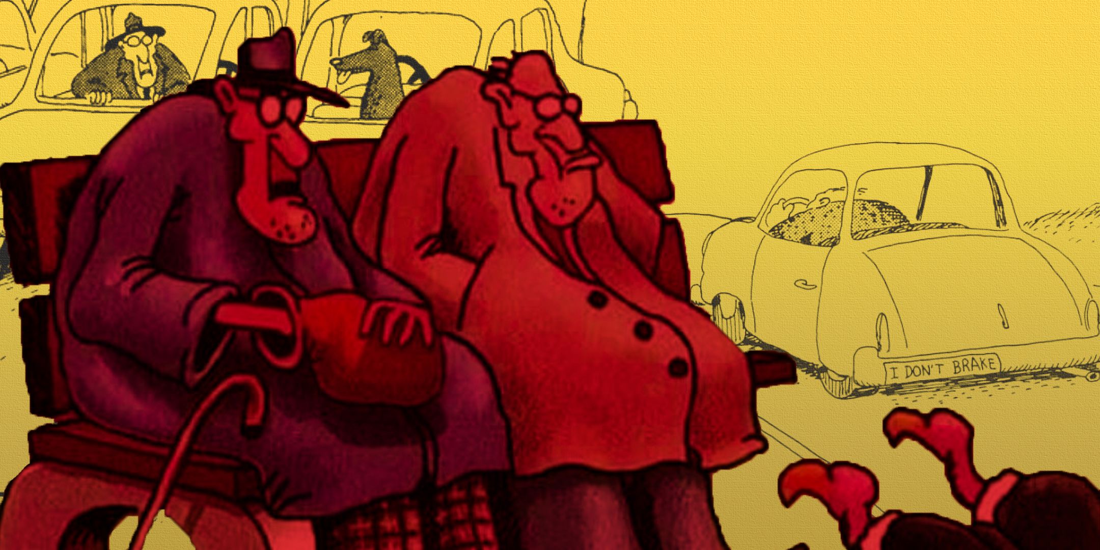 Split image of The Far Side comics featuring elderly drivers, forgetful wives and old folks feeding vultures at the park