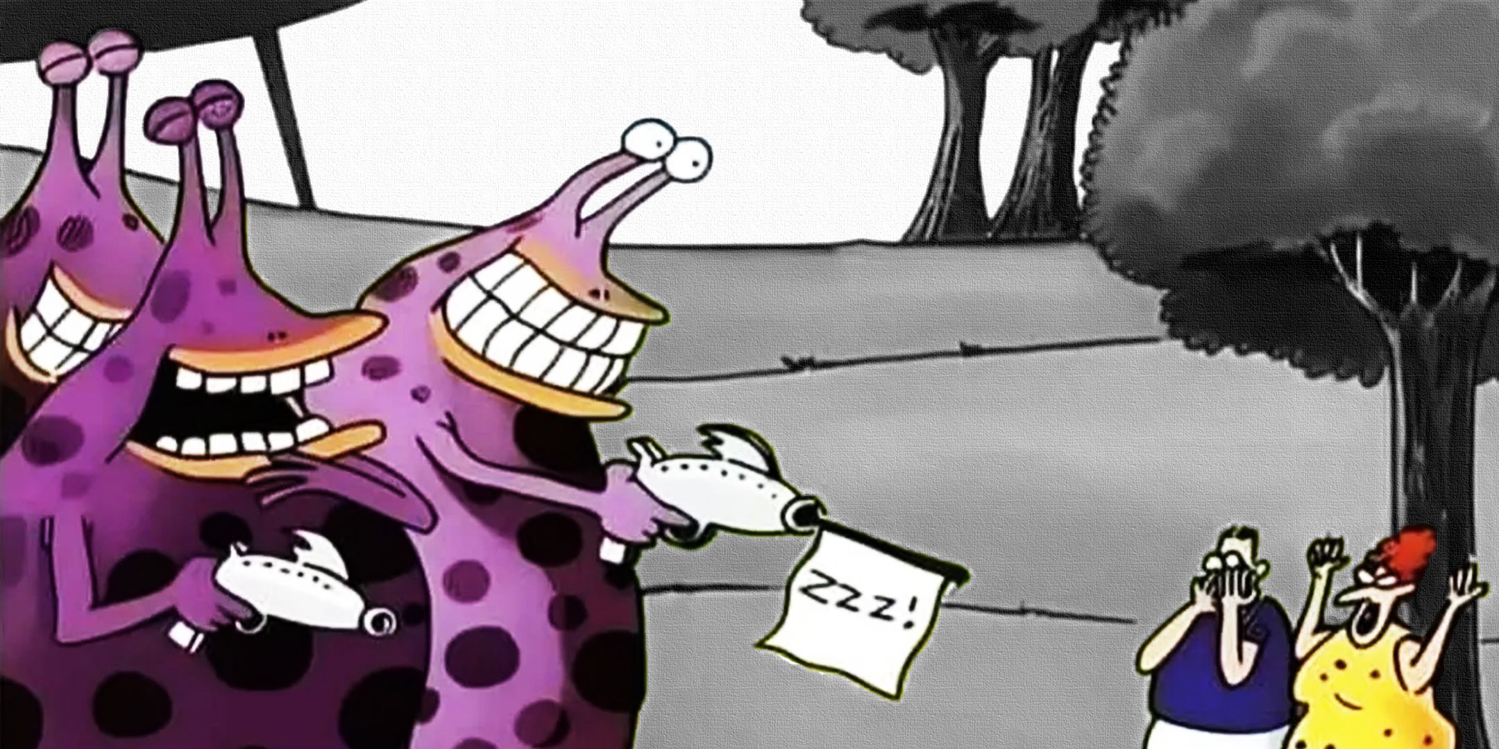 Aliens playing a prank on humans in The Far Side comic series