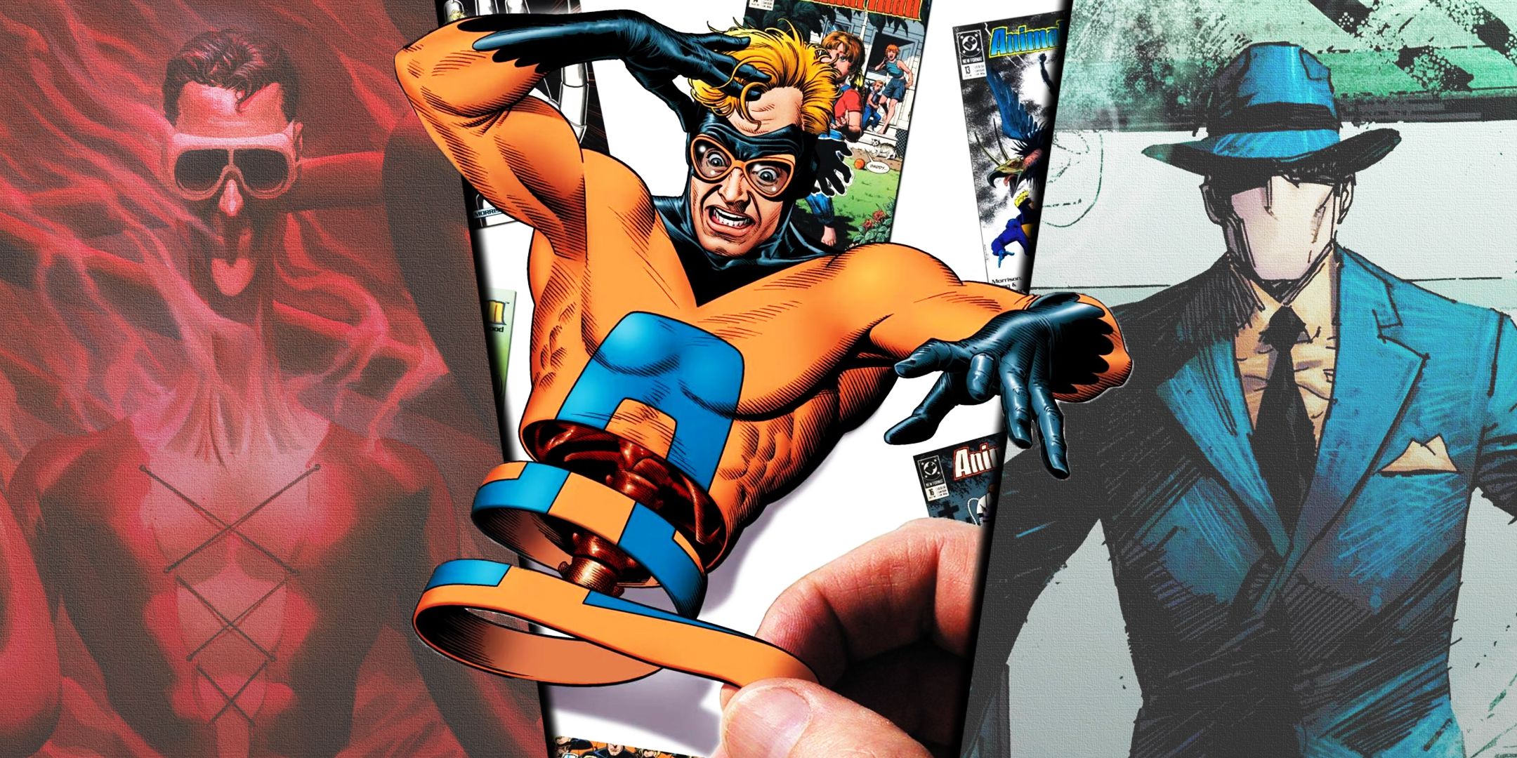 Imagen dividida del hombre plástico, el hombre animal y la cuestión de los cómics de DC