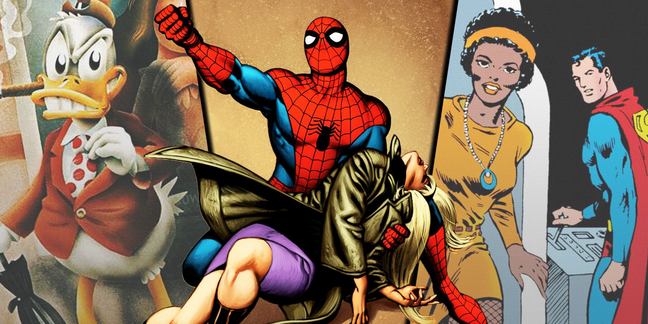 Split image of Howard the Duck, the death of Gwen Stacy, and Lois Lane becoming a Black Woman with Superman