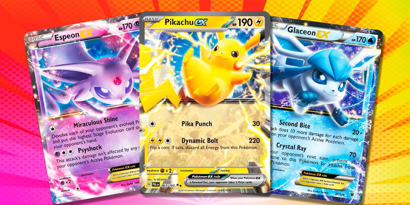 Pokemon cards Glaceon ex, Pikachu ex, and Espeon ex