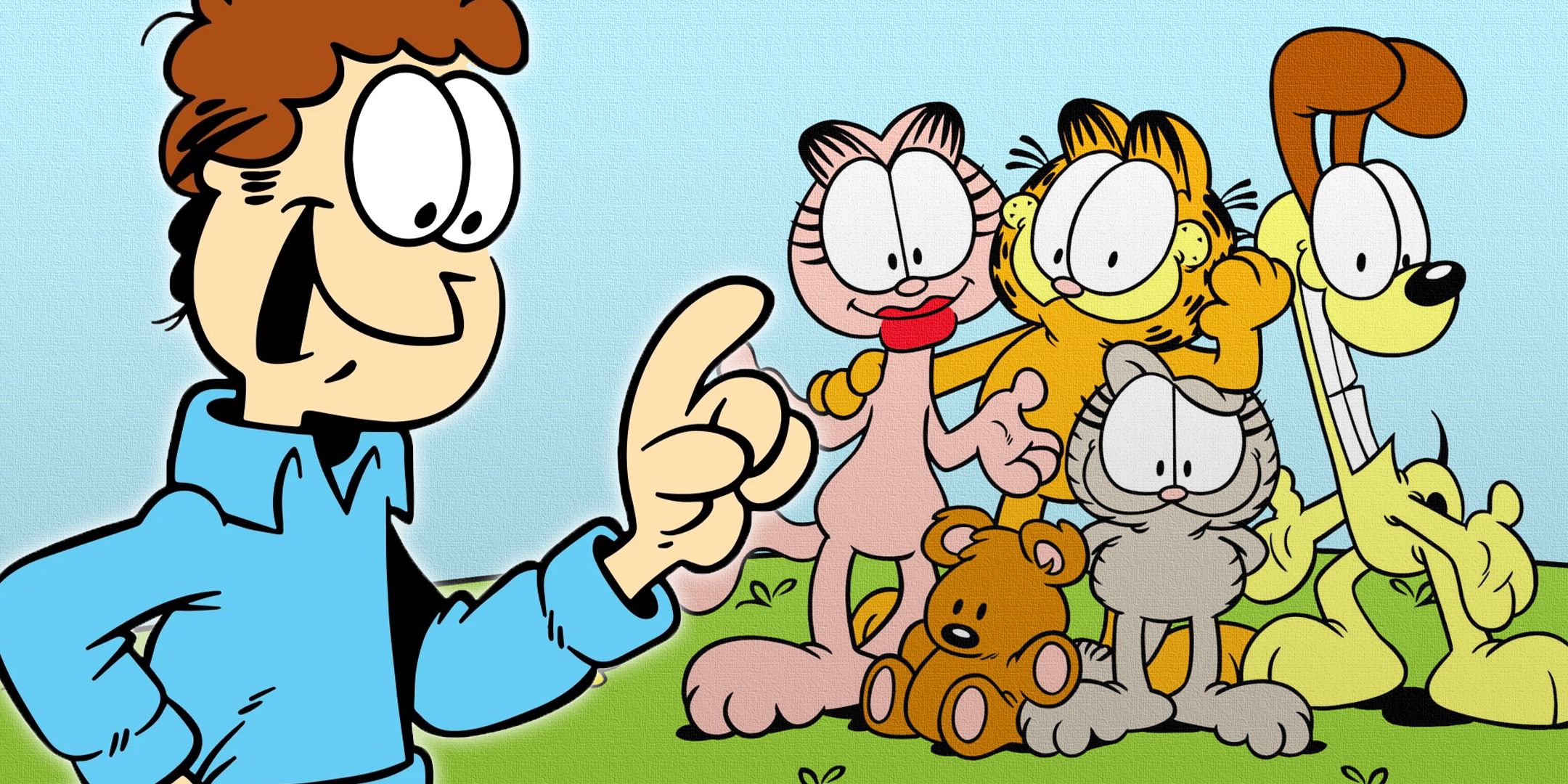 Jon Arbuckle looking at a few of Garfield's animal characters