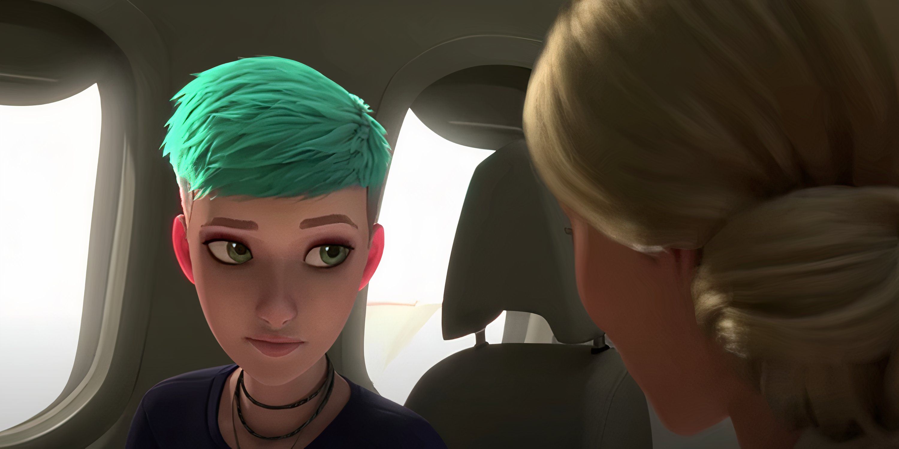 Brooklynn habla con Soyona Santos en un avión en Jurassic World: Chaos Theory Temporada 3