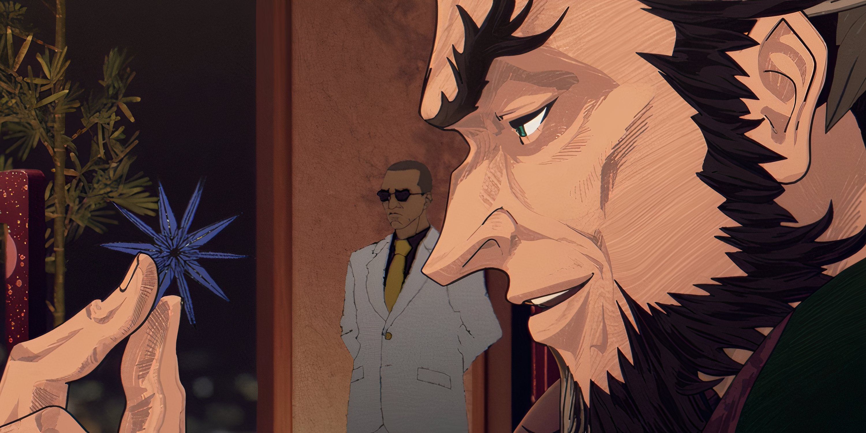 Ra's Al Ghul segura uma flor em Batman Ninja vs. Yakuza League