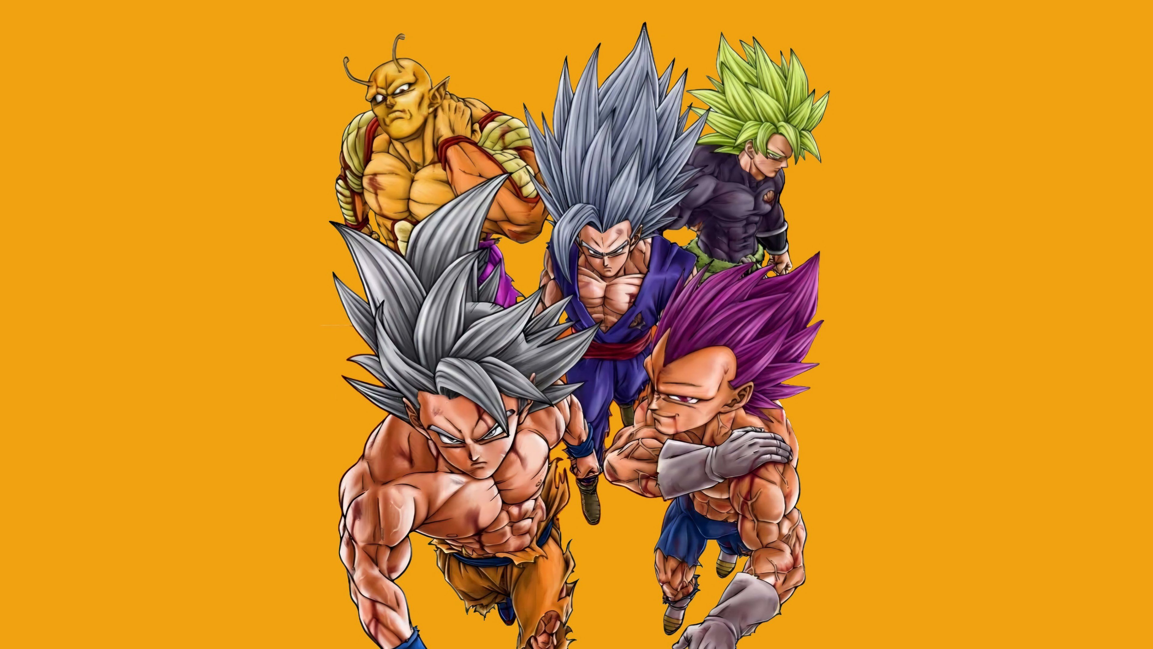 Ultra Instinct Goku, Ultra Ego Vegeta, Orange Piccolo, Gohan Beast, and Legendary Super Saiyan Broly from Dragon Ball Super