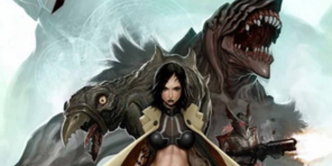 A woman is standing in front of a monster on the cover of CthulhuTech.