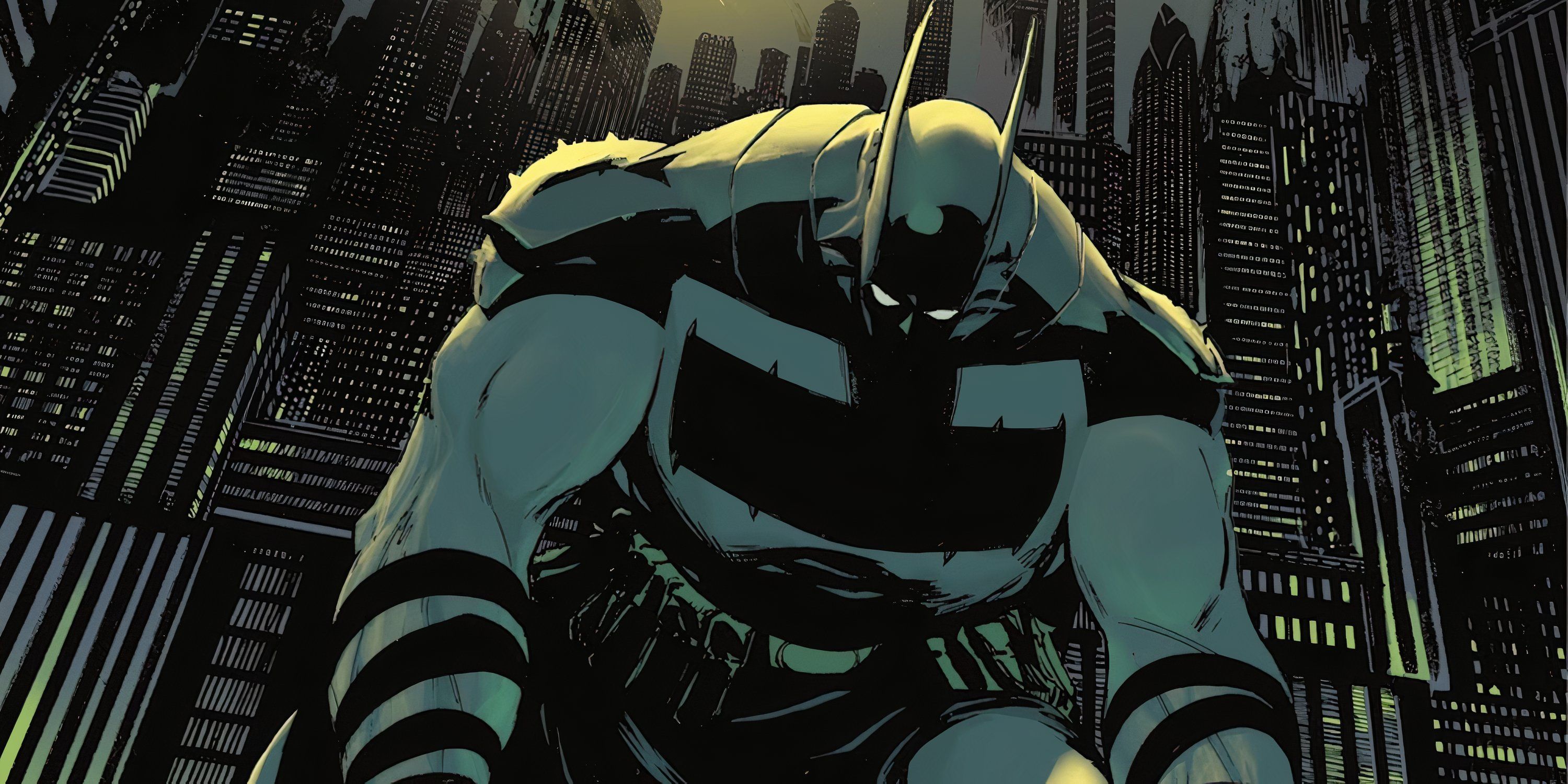 Absolute Batman posing with the cityscape behind him.