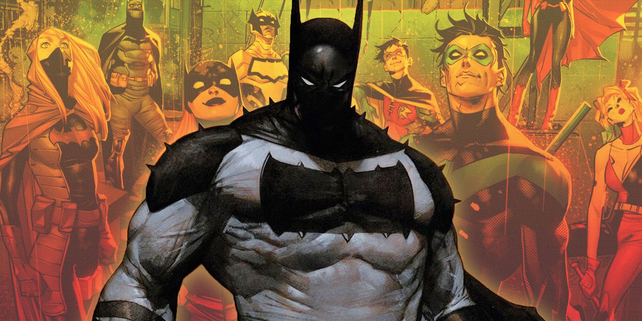 Absolute Batman con la Bat-Familia de DC en el fondo