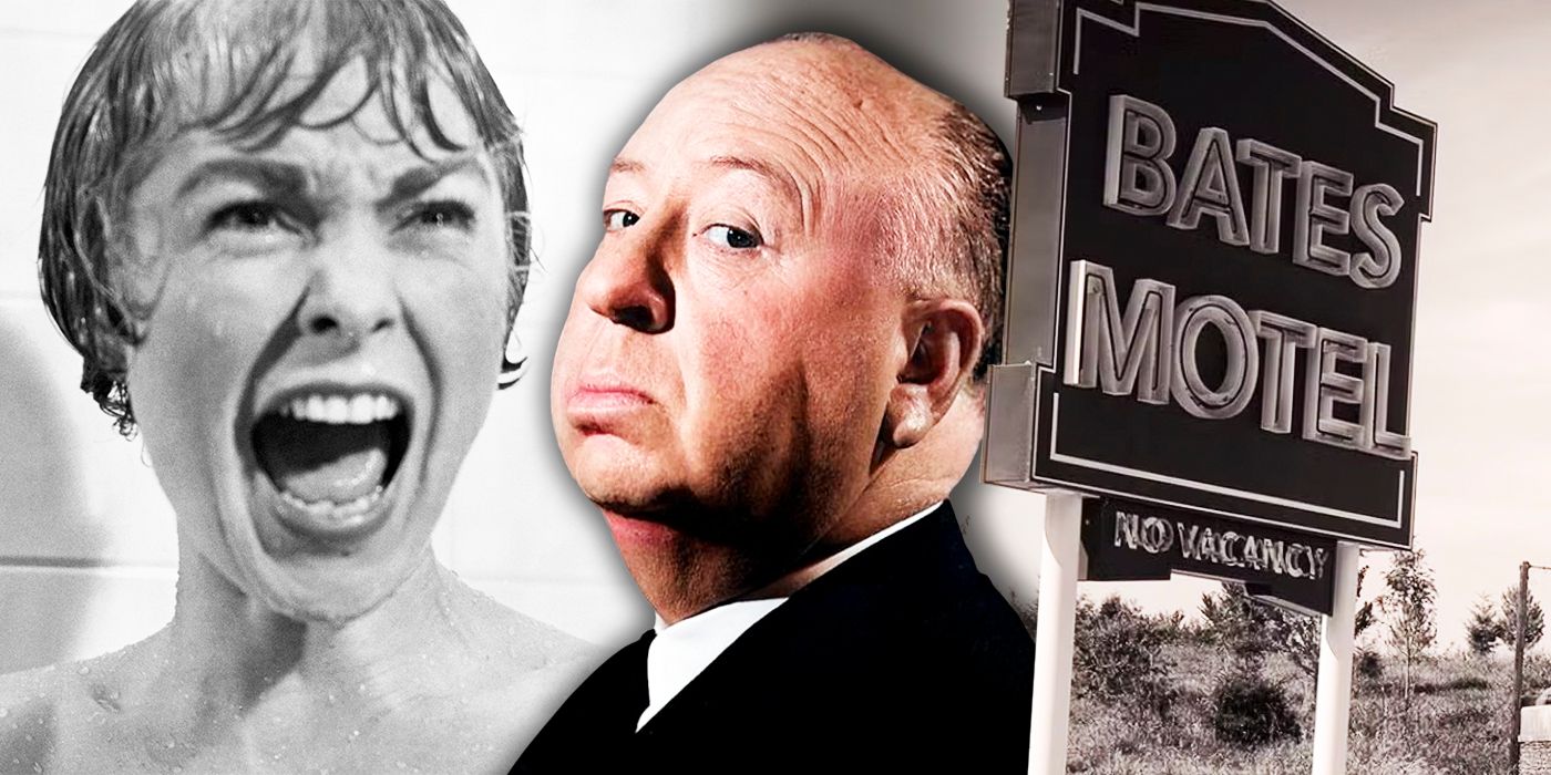 Alfred Hitchcock with Psycho Bath Scene and Bates Motel Sign