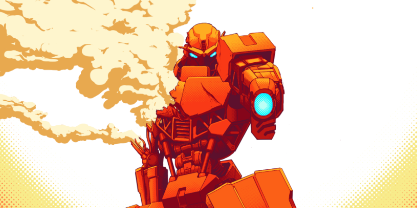 An orange mech is aiming its weapon forward while smoke billows from its missing arm on the cover for Last Shooting.