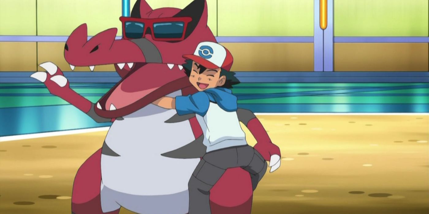 Ash abrazando a su Krookodile en Pokemon Black and White