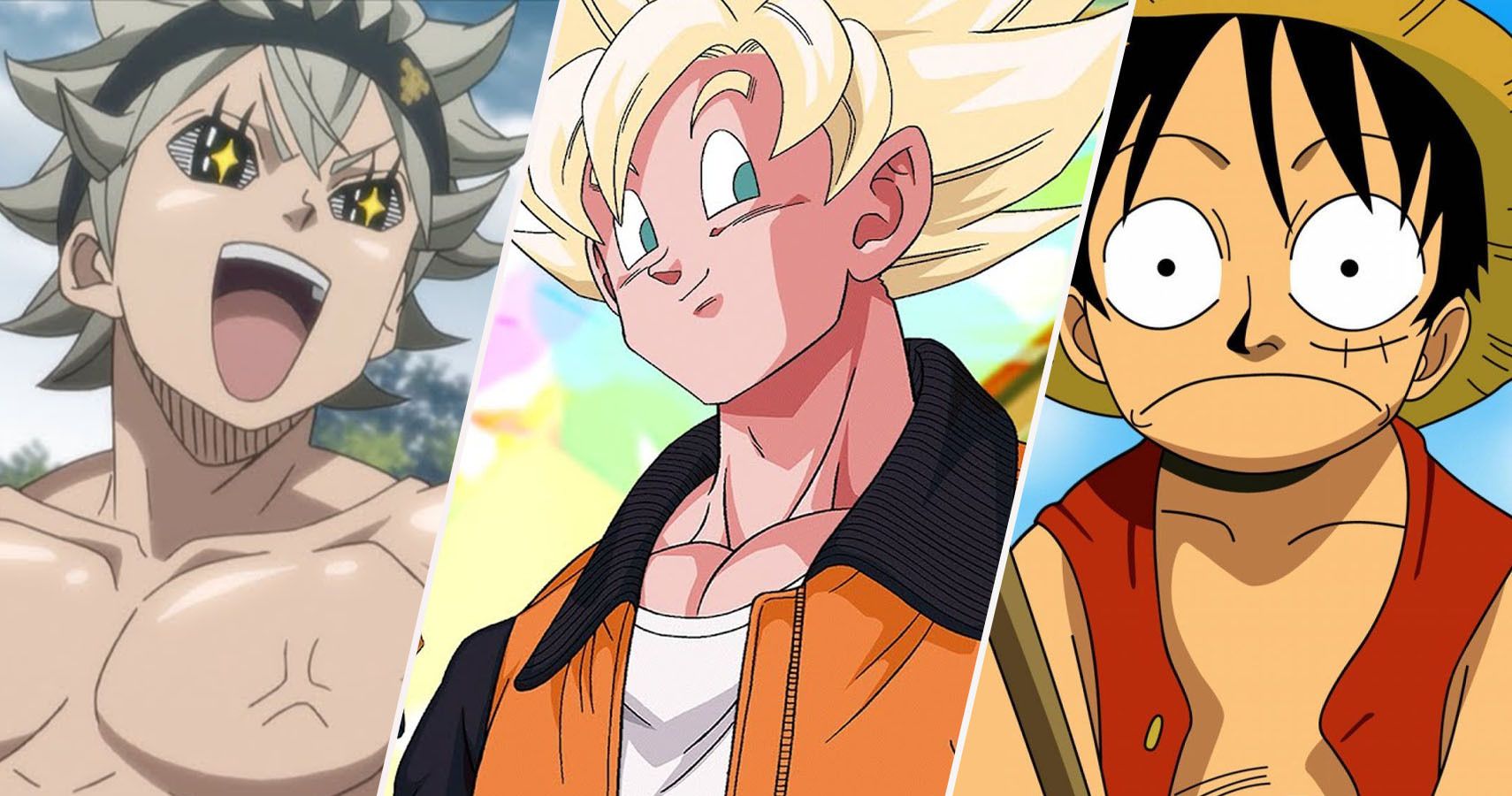 Asta de Black Clover, Super Saiyan Goku de Dragon Ball Z, e Luffy de uma peça