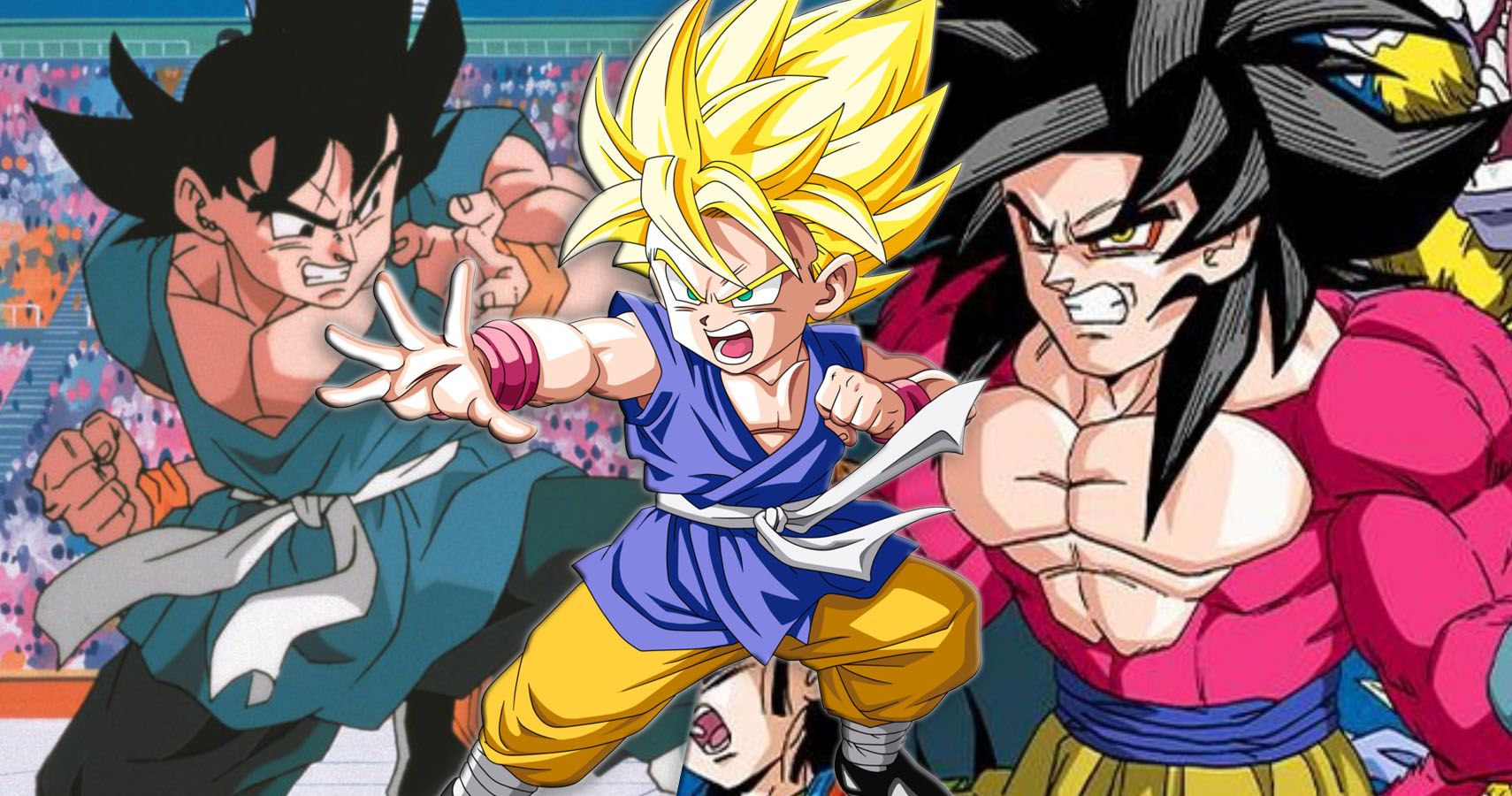 Base Goku, Super Saiyan Goku, and Super Saiyan 4 Goku in Dragon Ball Z, Dragon Ball, and Dragon Ball GT