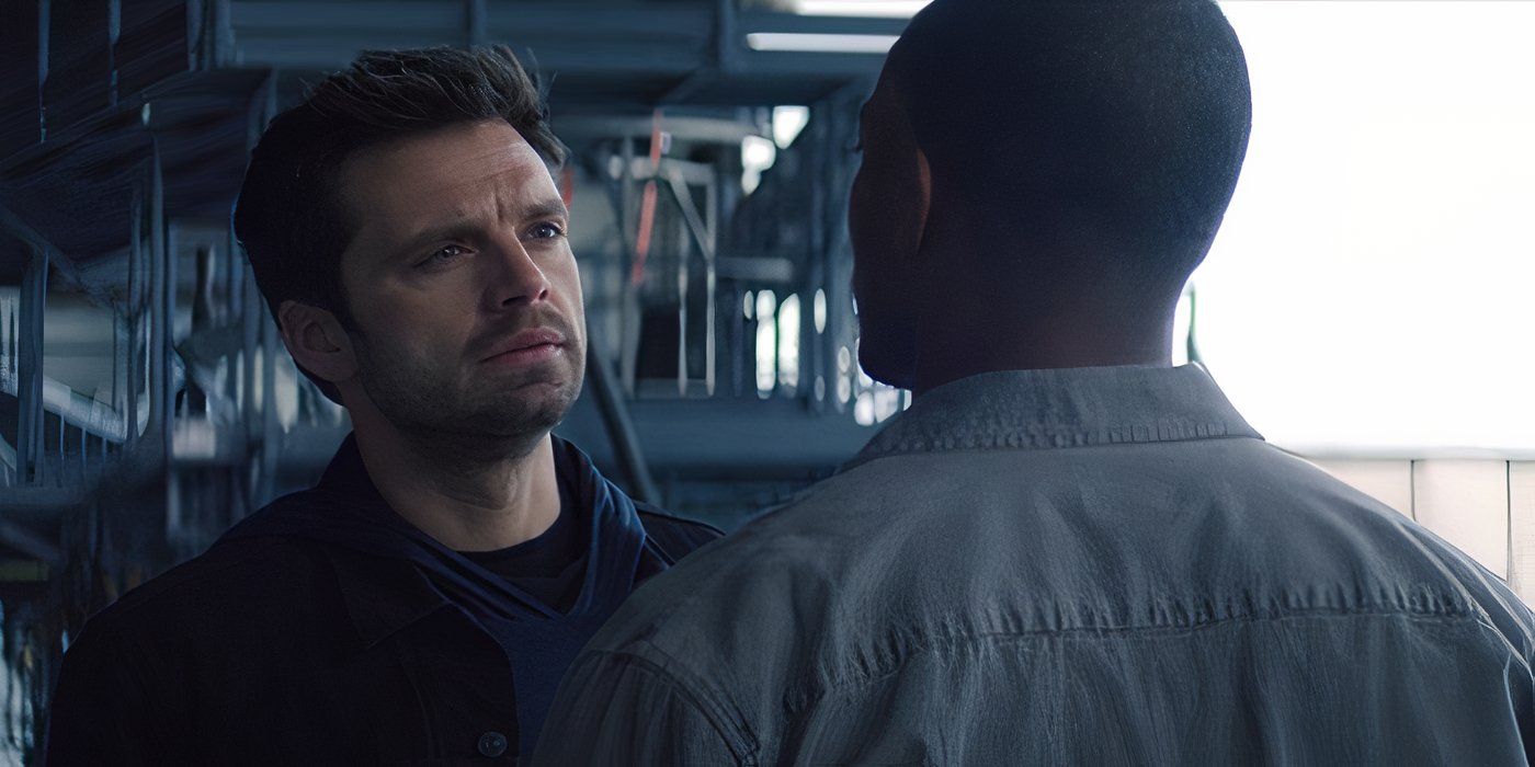 Bucky Barnes (Sebastian Stan) and Sam Wilson (Anthony Mackie) discuss the Big Three in The Falcon and the Winter Soldier