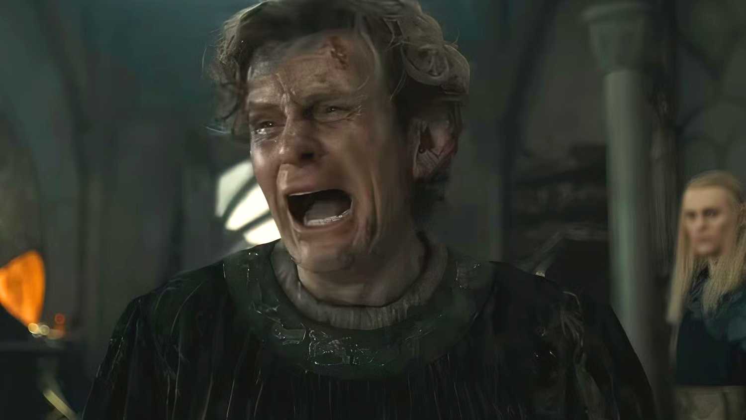 Celebrimbor crying in front of Annatar in The Lord of the Rings: The Rings of Power