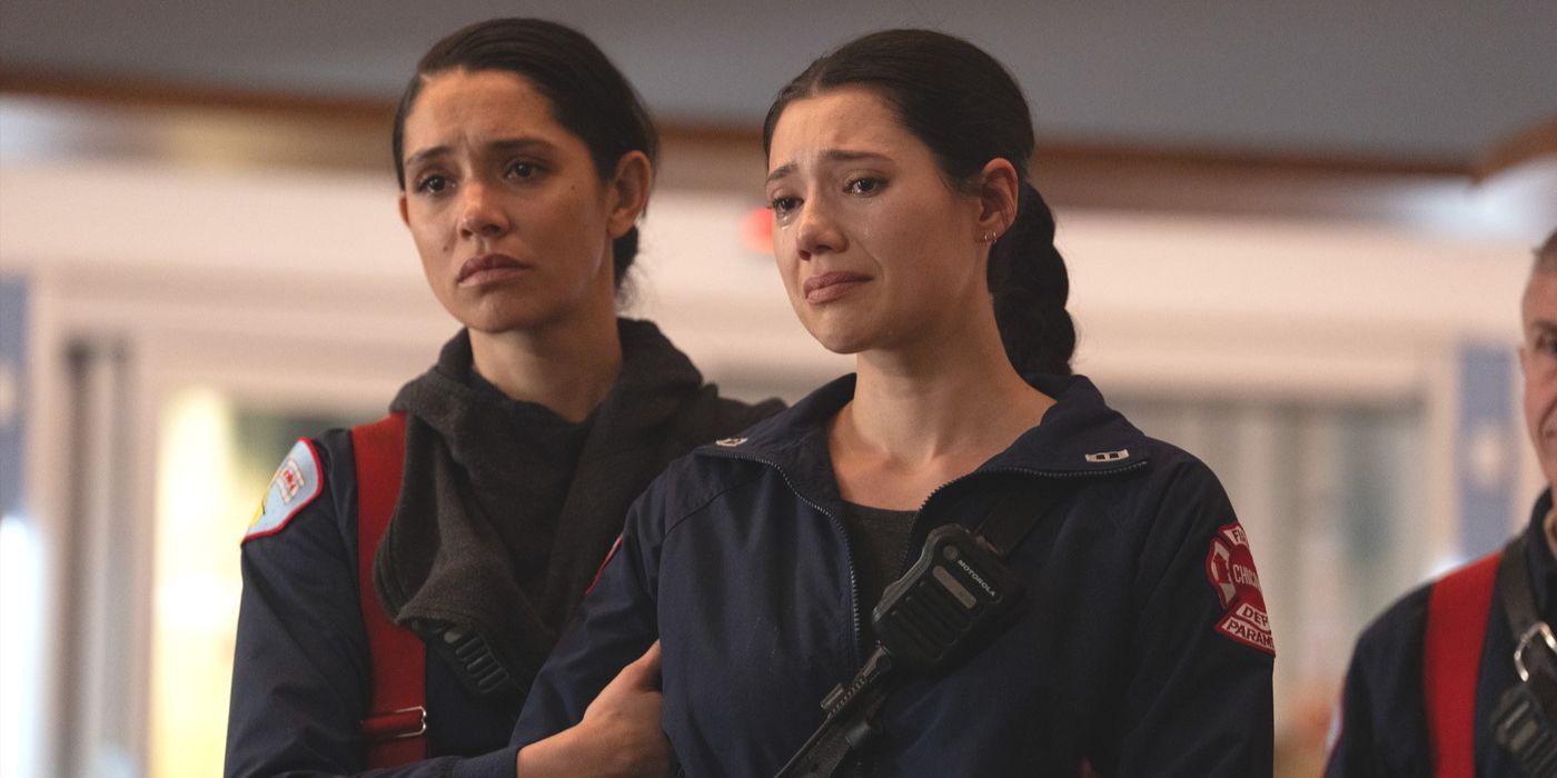 Stella (Miranda Rae Mayo) and Violet (Hanako Greensmith) look upset at the hospital in Chicago Fire