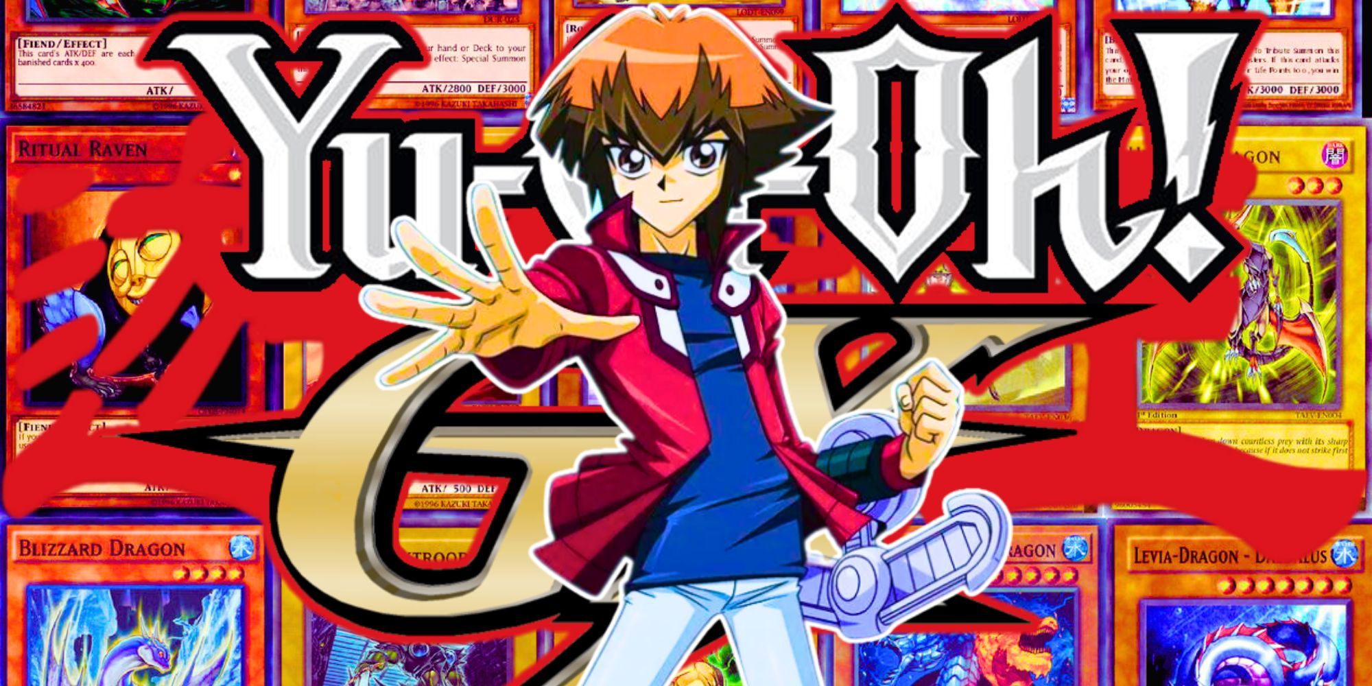 Imagen personaliza de Jaden de Yu-Gi-Oh! GX con el logo y cartas en el fondo