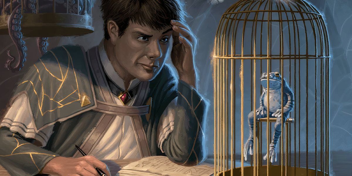 Un Rune Carver sentado en su escritorio, contemplando una extraña rana en una jaula