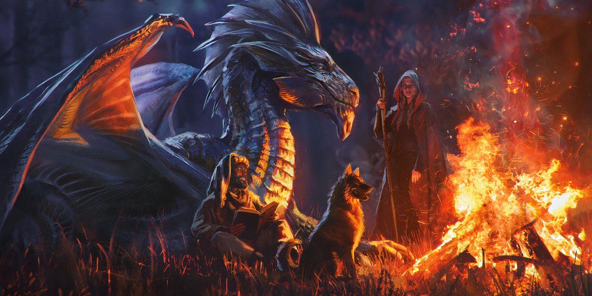 A Silver Dragon sits with a wolf and two humans