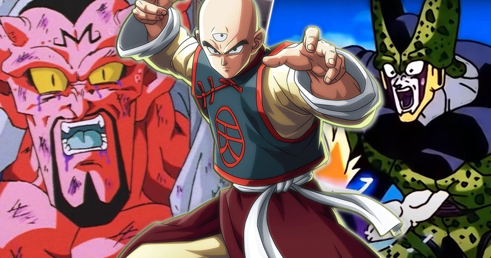 Dabura in pain, Tien fighting, and Cell hurt from Dragon Ball Z and Dragon Ball Super