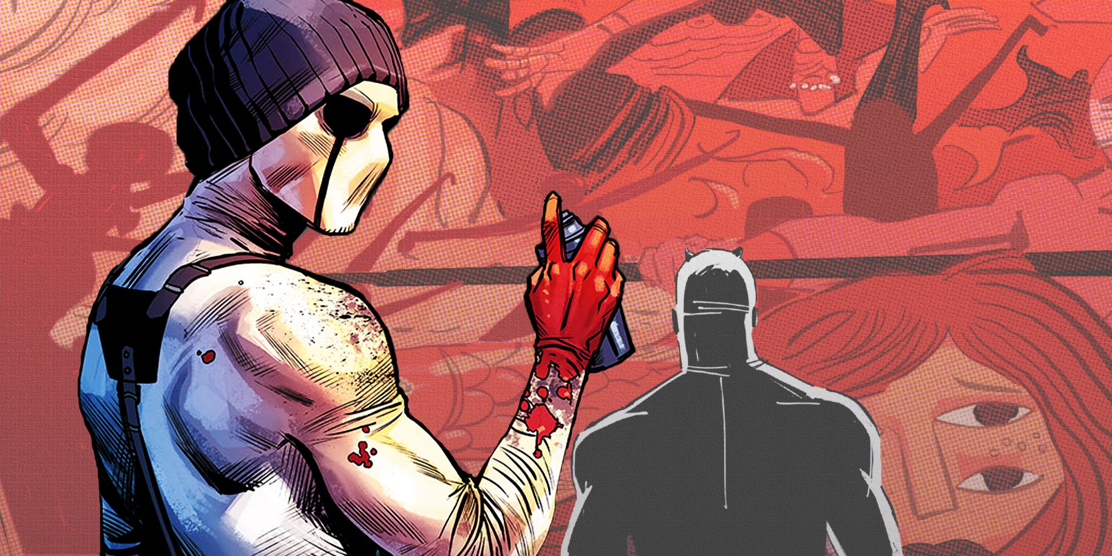 Muse holding a spray can while Daredevil examines his bloody artwork