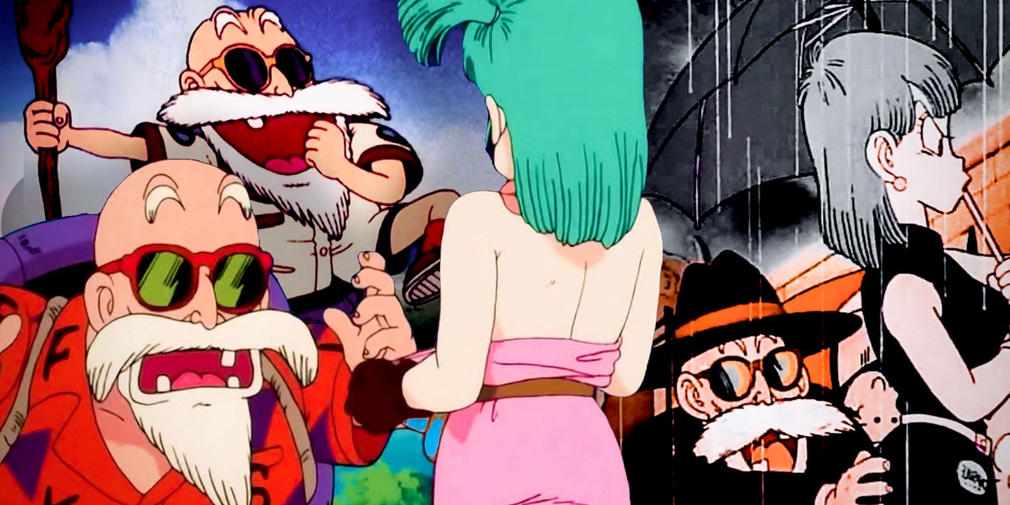 Master Roshi shocked at Bulma in Dragon Ball and DBZ