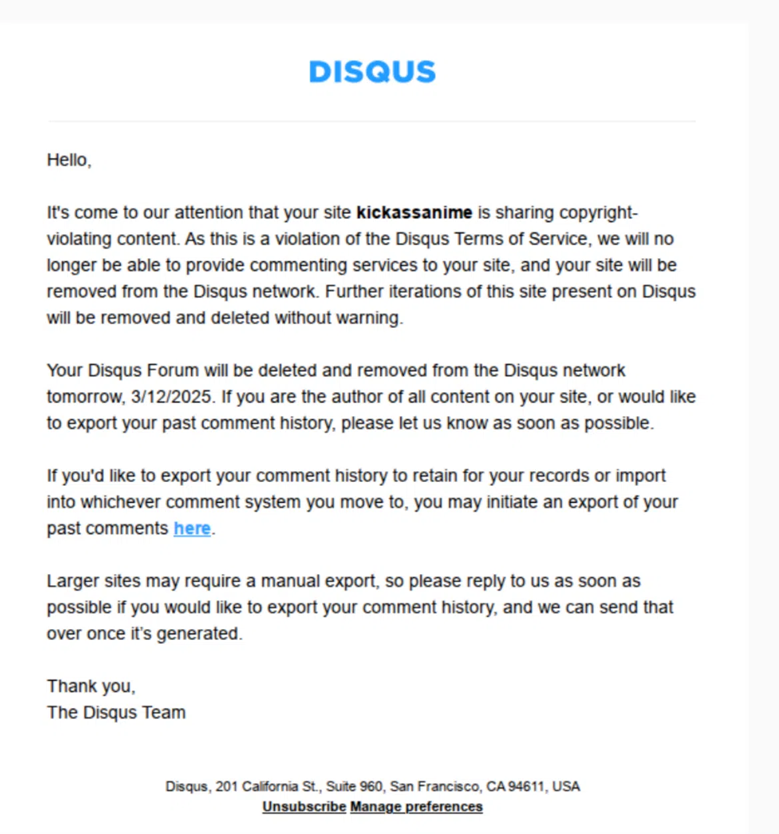 Disqus Carta a Kickassanime informando que os comentários serão excluídos