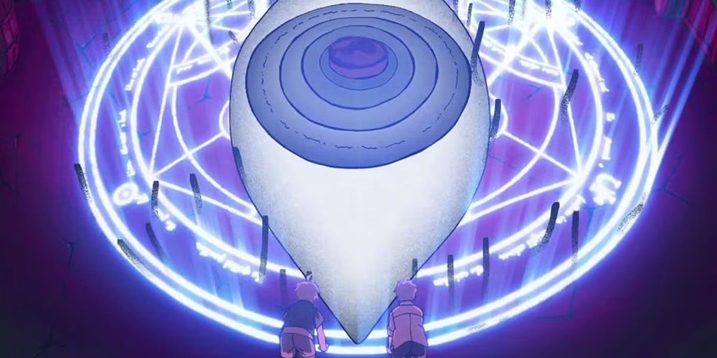 Edward and Alphonse look at the giant eye of the transmutation circle.