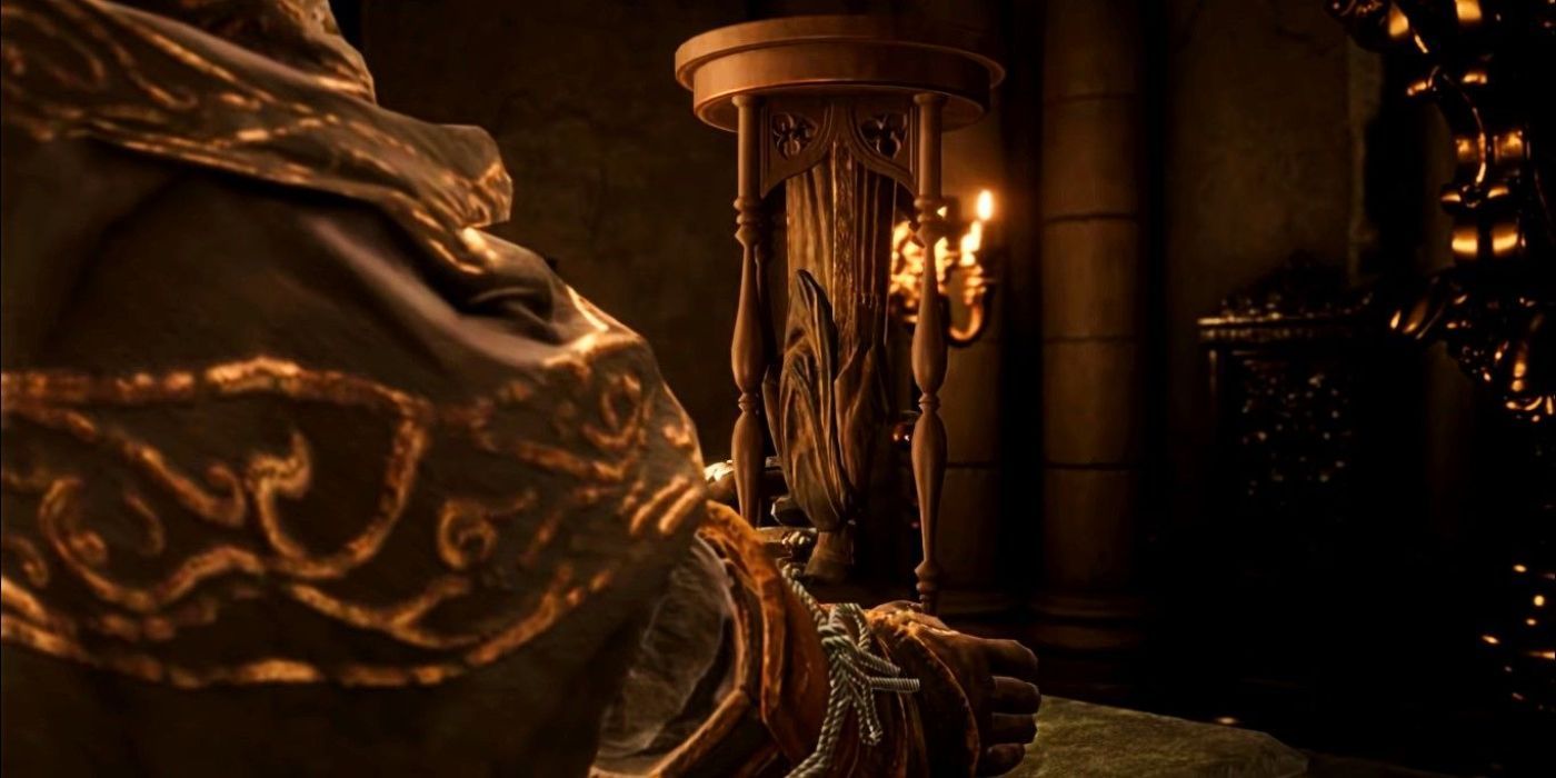 Screenshot depicting a Tarnished using Carian Inverted Statue at Carian Study Hall, as seen in Elden Ring.