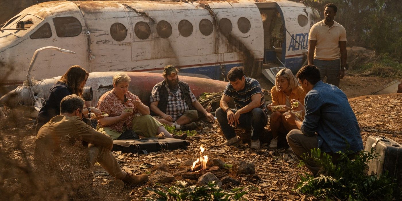 The Nine Bodies in a Mexican Morgue characters sit in a half-circle outside the crashed plane