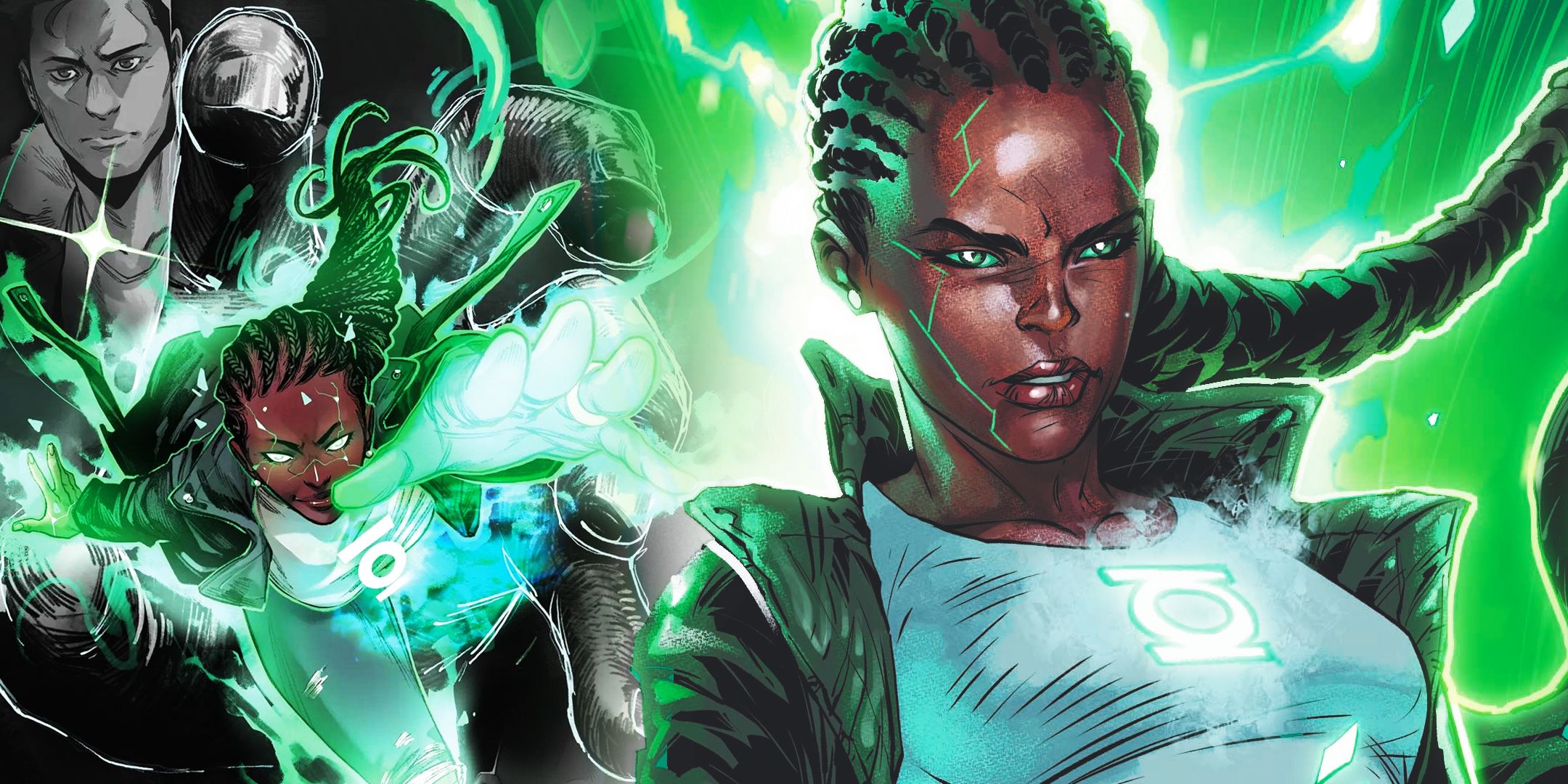 Split image of Ju Mullein and other characters from DC's Absolute Green Lantern