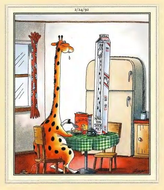 Far Side giraffe milk cartons