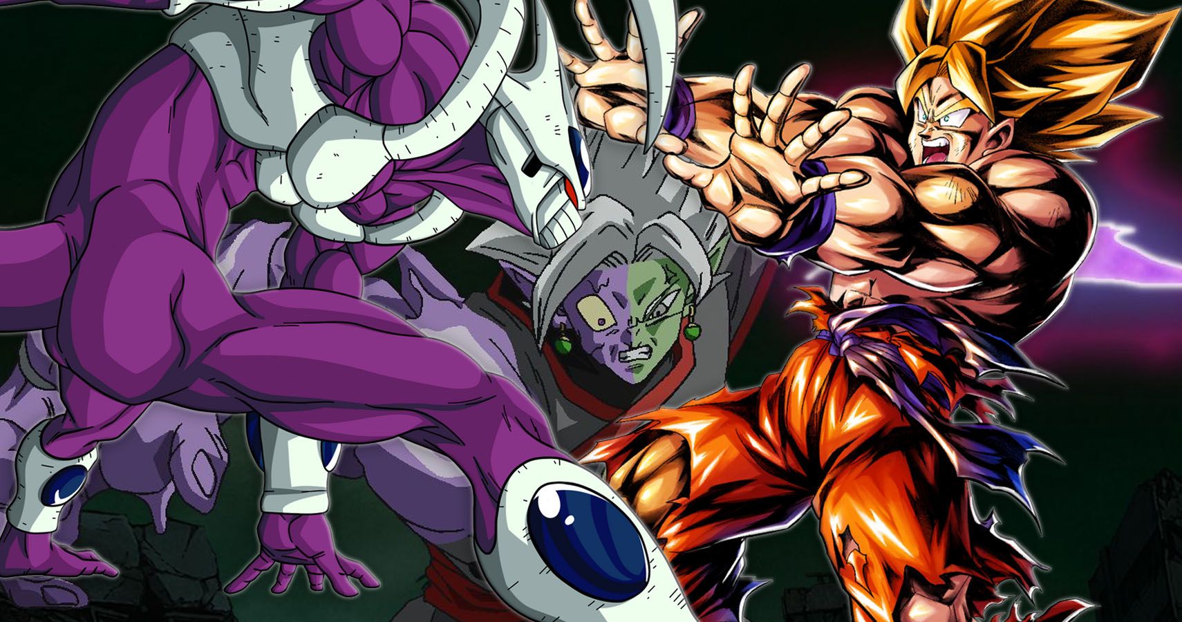 Final Form Cooler, Corrupt Zamasu, and Super Saiyan Goku from Dragon Ball Z and Dragon Ball Super